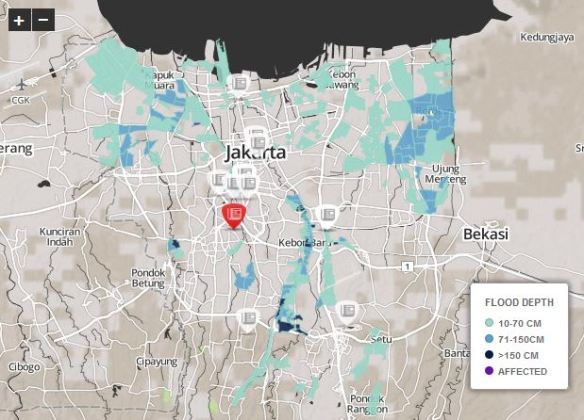 Carte interactive des inondations dans la ville de Jakarta. Source : Ekuatorial.com